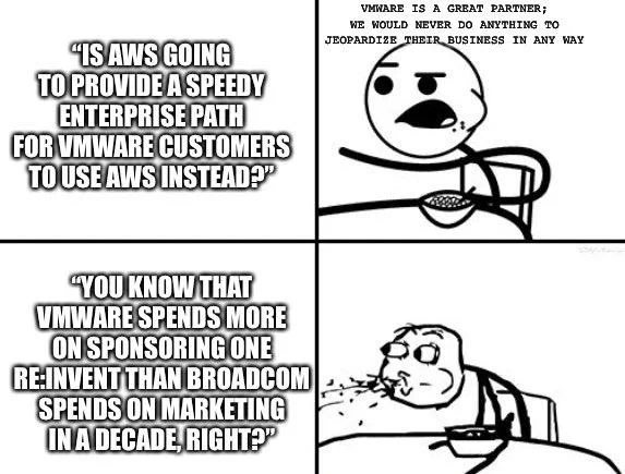 A comic strip with two characters discussing VMware and AWS. The first character asks if AWS will provide a quick enterprise path for VMware customers to use AWS instead. The second character responds by highlighting VMware's higher spending on sponsorships and marketing compared to Broadcom.