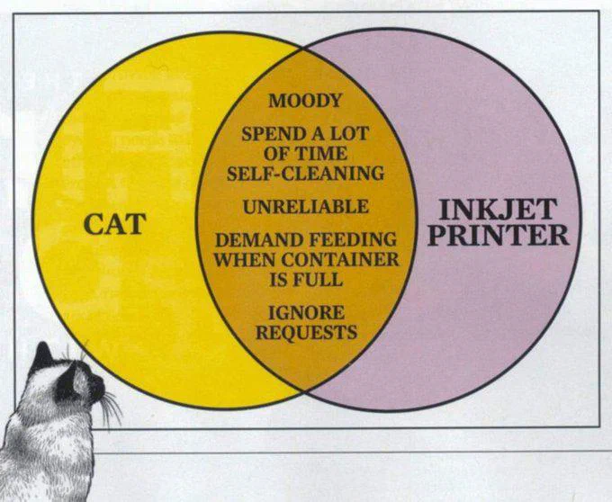 A Venn diagram comparing cats and inkjet printers, with overlapping traits such as being moody, requiring a lot of self-cleaning, being unreliable, demanding feeding when full, and ignoring requests. There is a cat illustration in the bottom-left corner.