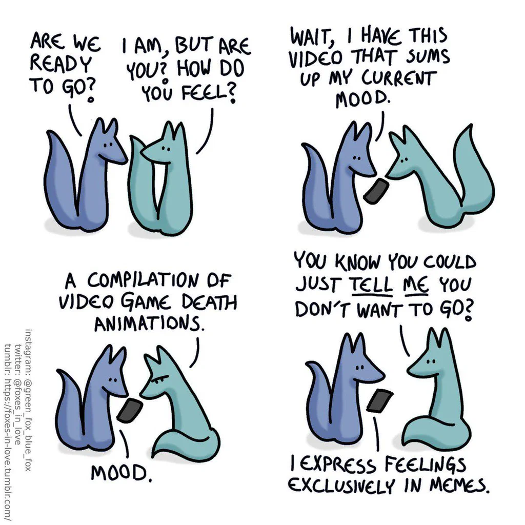 Two cartoon cats having a conversation about feelings and video game death animations, with one showing their mood via a video and the other expressing feelings through memes.