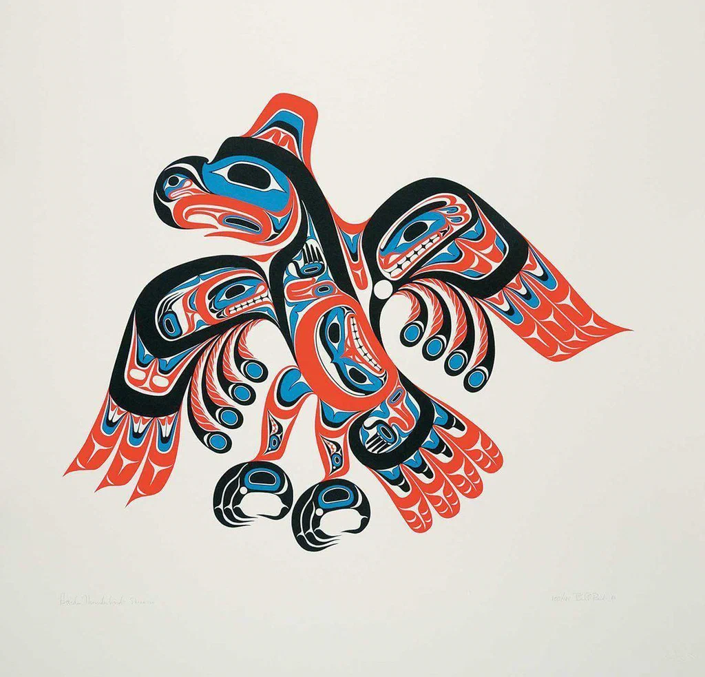A stylized indigenous art depiction of an eagle, featuring bold black, red, and blue patterns on a white background.