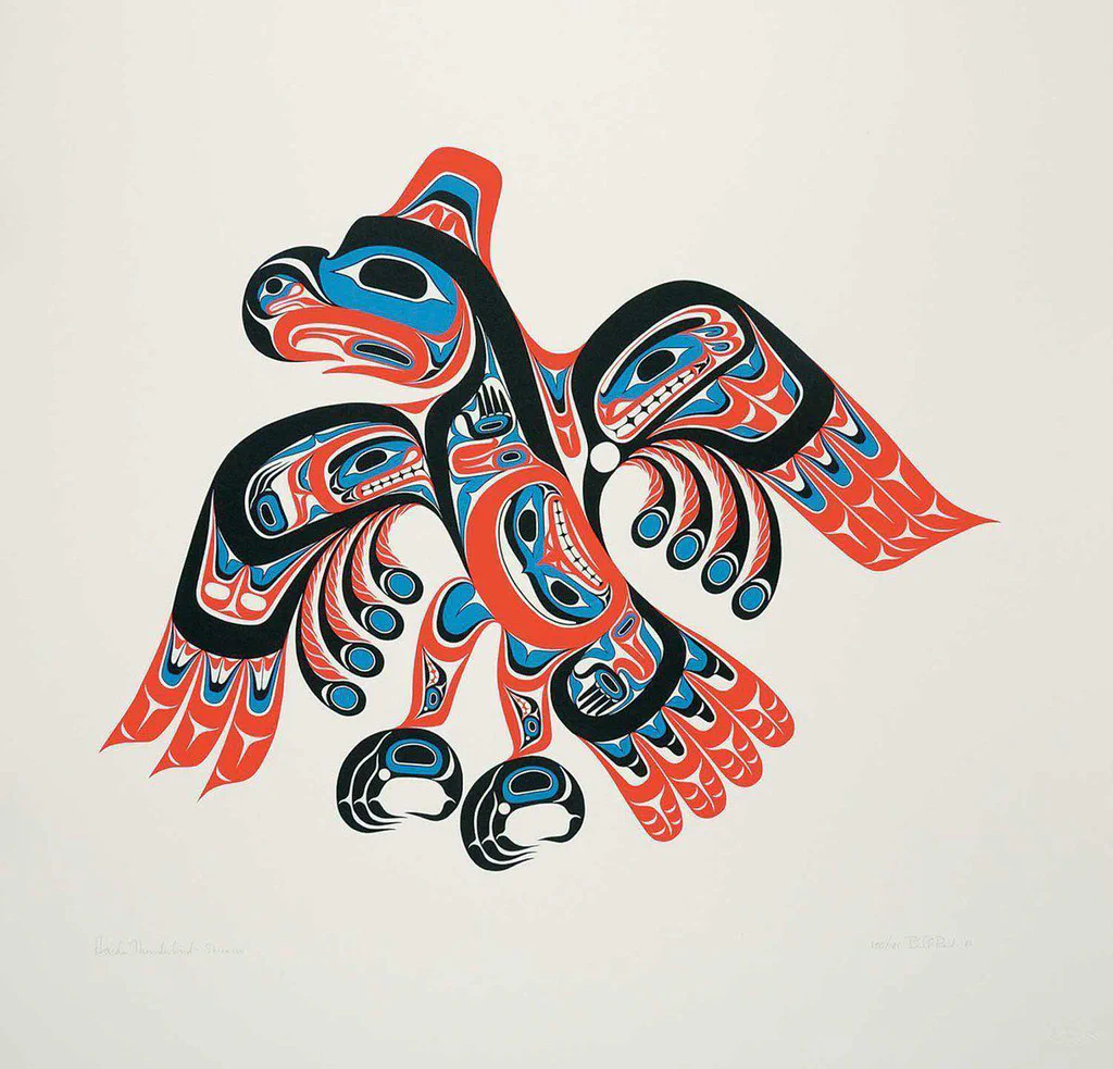 A stylized indigenous art depiction of an eagle, featuring bold black, red, and blue patterns on a white background.