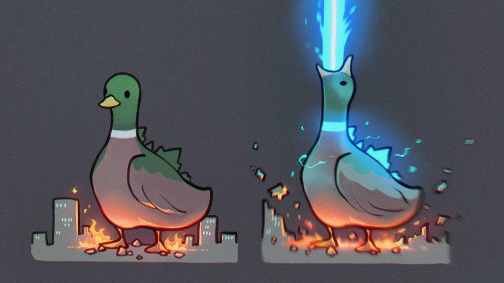 A digital illustration of a pigeon with two different transformations: one on the left with just a normal pigeon, and one on the right with a lightning/emission effect coming from its head, set against a dark background with stylized cityscape and fiery ground.